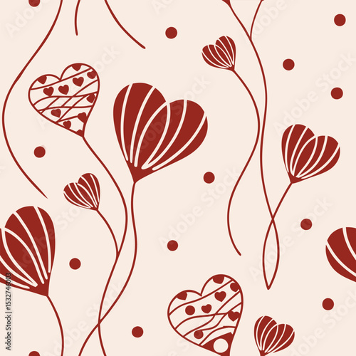 Seamless pattern of red hearts with floral elements and dots on a light beige background, romantic and decorative design