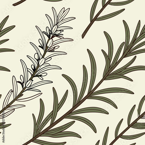Seamless pattern of rosemary sprigs, needle-like leaves, deep green and woody brown tones, aromatic natural texture