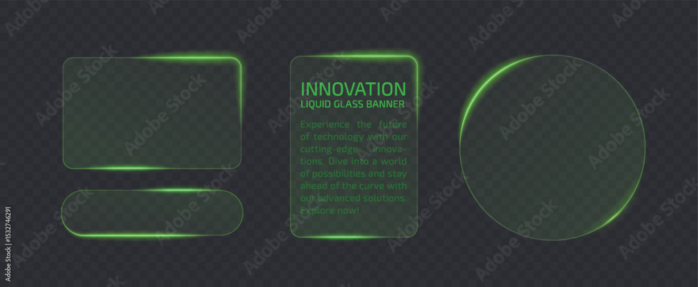 Neon light banner different shape isolated on transparent png bg.  Liquid green plate for mobile phone ux, web interface, tech and hud. Rectangle and circle light frame with glow and reflection.