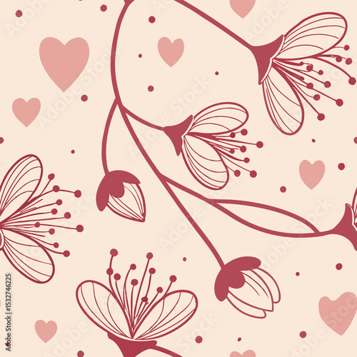 Seamless pattern with flowers and hearts, floral background with flowers and hearts, pink background