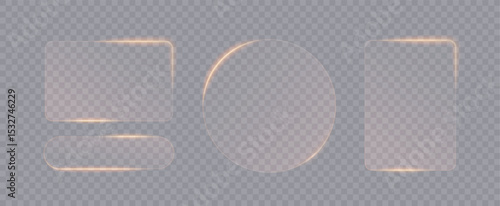 Gold light frame banner set on transparent background. Liquid glass plate for mobile phone ux, web interface, tech and hud. Rectangle and circle light frame with shine and reflect, vector illustration