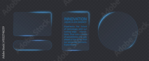 Neon light banner different shape isolated on transparent png bg.  Liquid blue plate for mobile phone ux, web interface, tech and hud. Rectangle and circle light frame with glow and reflection.
