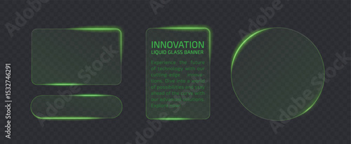 Neon light banner different shape isolated on transparent png bg.  Liquid green plate for mobile phone ux, web interface, tech and hud. Rectangle and circle light frame with glow and reflection.