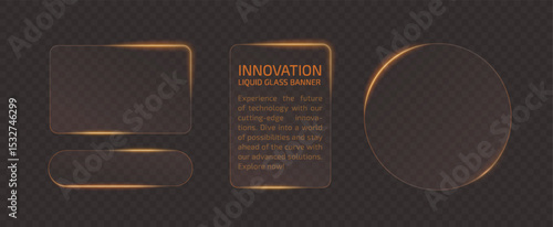 Gold light frame banner set on transparent background. Liquid glass plate for mobile phone ux, web interface, tech and hud. Rectangle and circle light frame with shine and reflect, vector illustration