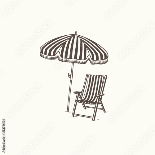 Vintage style beach chair and umbrella vector illustration. Summer retro beach set