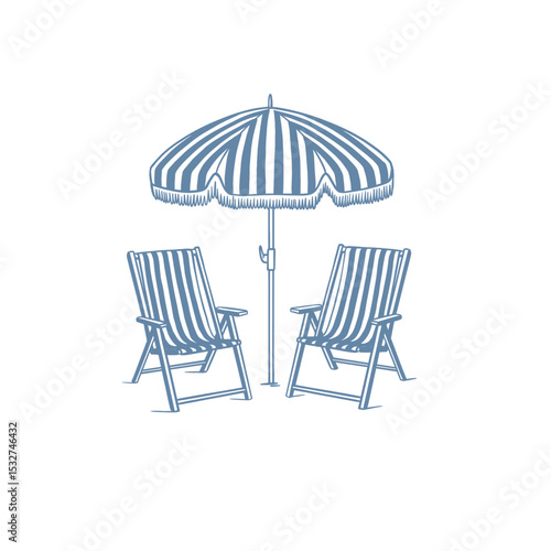 Vintage style beach chair and umbrella vector illustration. Summer retro beach set