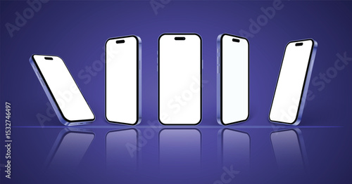 Phones mockup in different angles isolated on bright glass background. 3d smartphone set with empty screen, front and side view. Realistic purple mobile phones mockup on desk, vector illustration.