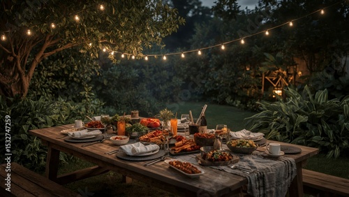 Backyard cooking scene prepared for barbecue, no people.