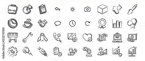 Hand Drawn Black and White Business Icons Set sketch 1