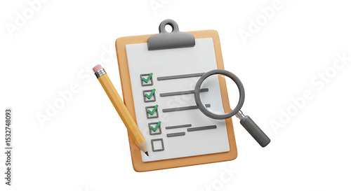 3D Checklist Clipboard with Pencil and Magnifier Icon