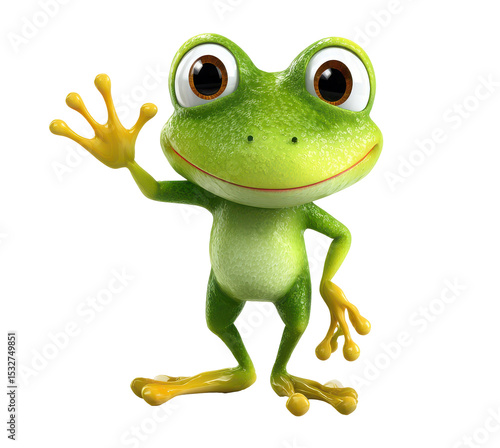 Cartoon frog with large eyes and a friendly expression, waving.