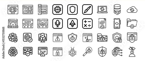 Website Development Security Icons Set Black Line Art
