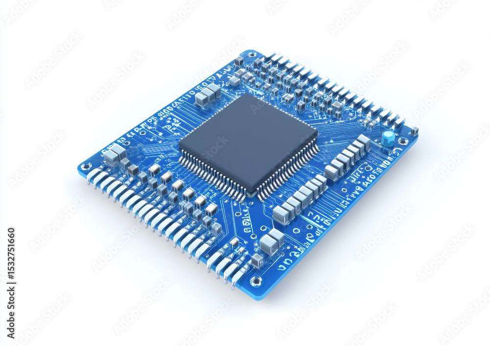 High angle studio shot of a detailed blue printed circuit board with a processor High angle studio shot of a detailed blue printed circuit board with a processor