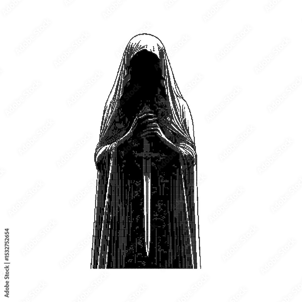 Monk with sword Pixel art vector. The pixels are scattered, dissolve. Vector monochrome style. Abstract random squares, background. Template. Monochrome style. ilustracion en vector 
