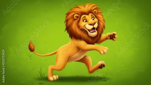 Playful Lion Cub Running on Green Background - A cartoon illustration of a cheerful lion cub playfully running across a vibrant green background.