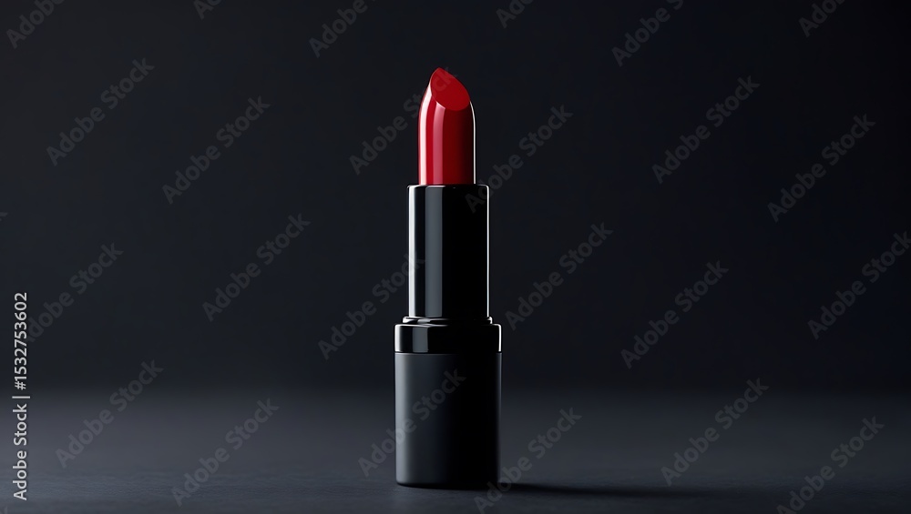 Obraz premium Single red lipstick on black background elegant cosmetic product photography