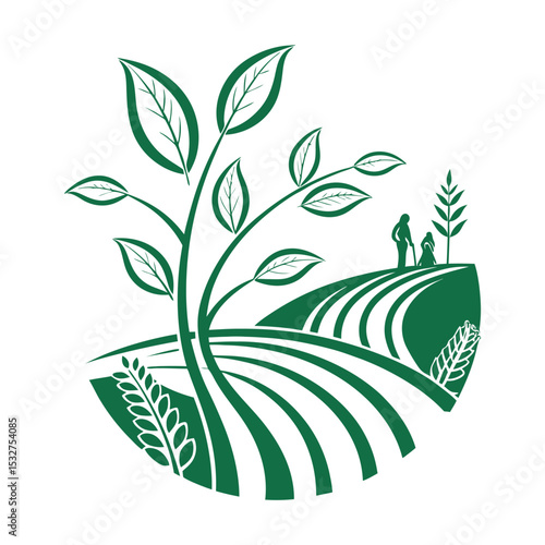 Family tending a verdant hillside farm, isolated on white background