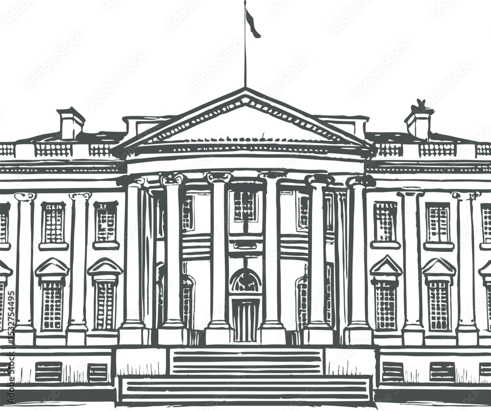 Monochrome Sketch of the White House with Flag and Steps Monochrome Sketch of the White House with Flag and Steps