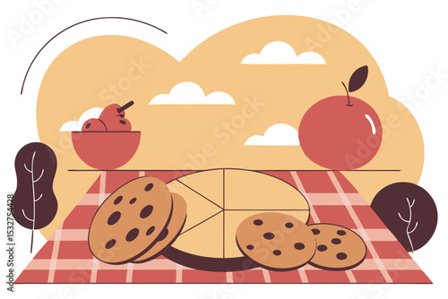 A picnic with food items representing business expenses (pie = revenue, cookies = tools, fruit = growth)