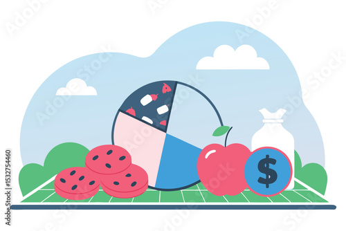 A picnic with food items representing business expenses (pie = revenue, cookies = tools, fruit = growth)