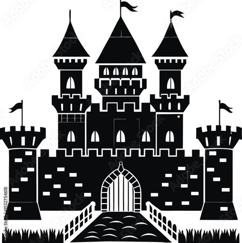 Silhouette of a fairytale castle with towers flags and a bridge
