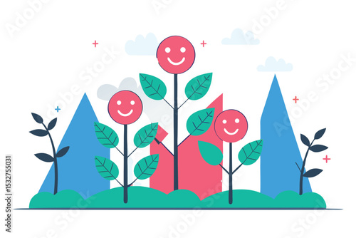 A whimsical landscape with KPI trees, chart hills, and growing revenue plants with smiling faces