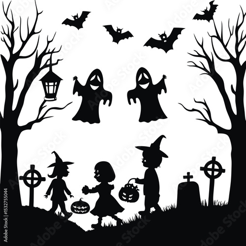 Halloween Night Silhouette with Children Ghosts Bats Trees and Tombstones