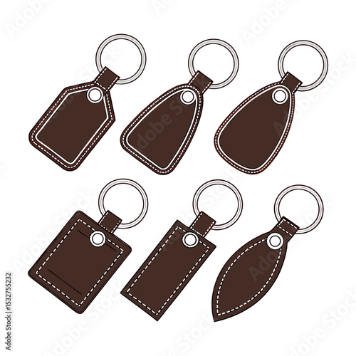 Six brown leather keychains, isolated on white background