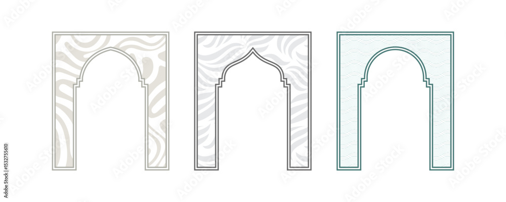 Elegant Islamic arch frame with abstract wave pattern in traditional outline style for cultural decorative vector design illustration template artwork. Elegant Islamic arch frame with abstract wave pattern in traditional outline style for cultural decorative vector design illustration template artwork.