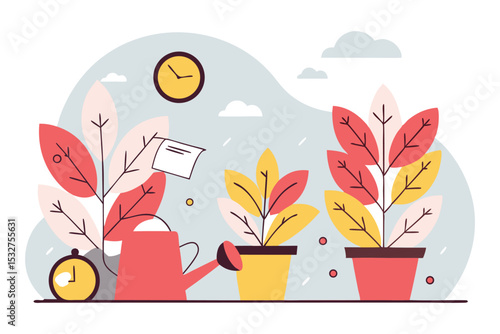 Tasks and deliverables grow as rounded plants, watered by time clocks and meeting notes