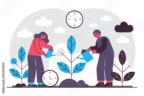 Tasks and deliverables grow as rounded plants, watered by time clocks and meeting notes