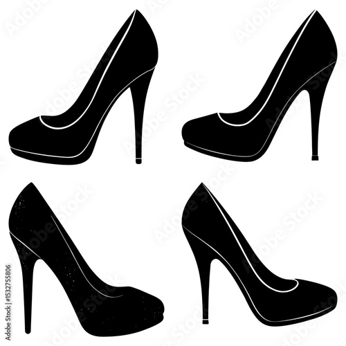 Four black high heel shoes arranged in a square pattern on a white background showing fashion