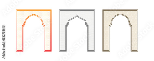 Geometric patterned oriental arch frame with Islamic inspired outlines and decorative line symmetry in cultural architectural vector art illustration template.