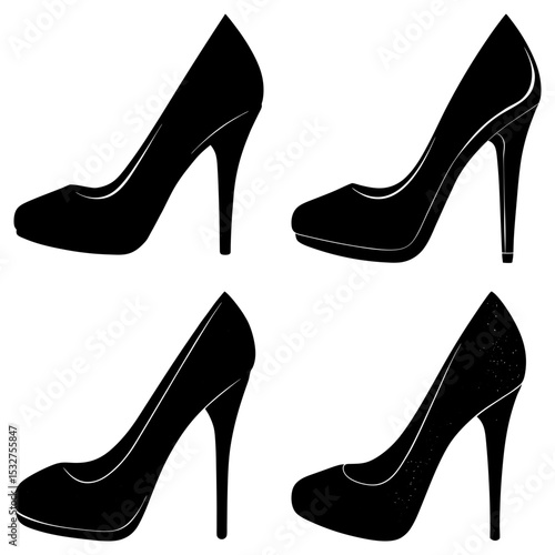 Four black high heel shoes arranged in a square on a white background in a vector style illustration