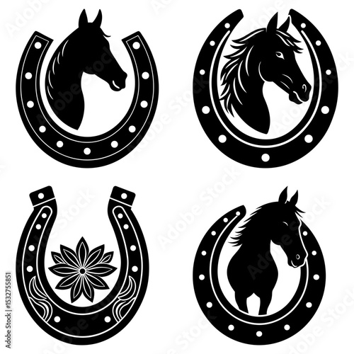 Four horseshoe designs featuring horse heads and a flower in black and white illustration art