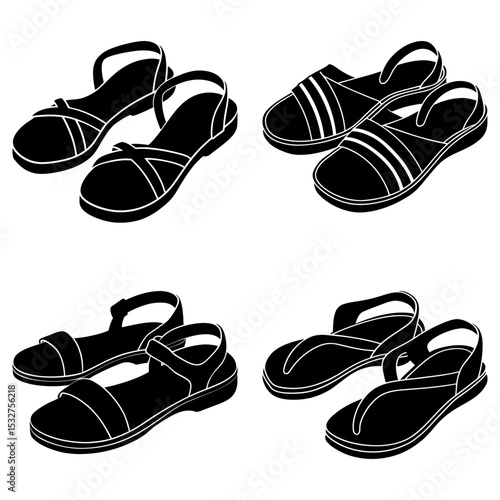 Four pairs of black sandals with different strap designs arranged in a square formation on a white background