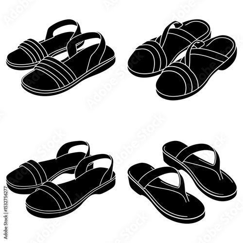 Illustration showing four pairs of sandals with different strap styles in a simple black and white design