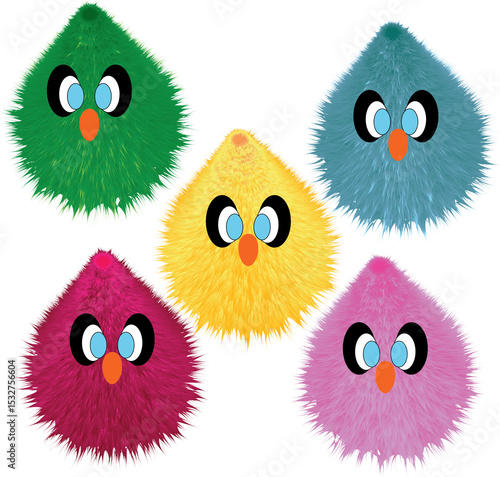 Adorable Collection of Five Fuzzy, Cartoon-Style Chick Plush Toys in Vibrant Colors, Perfect for Kids and Collectors