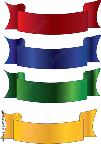 A Collection of Four Vibrant Curved Ribbon Banners in Red, Blue, Green, and Yellow for Design and Decoration Purposes.
