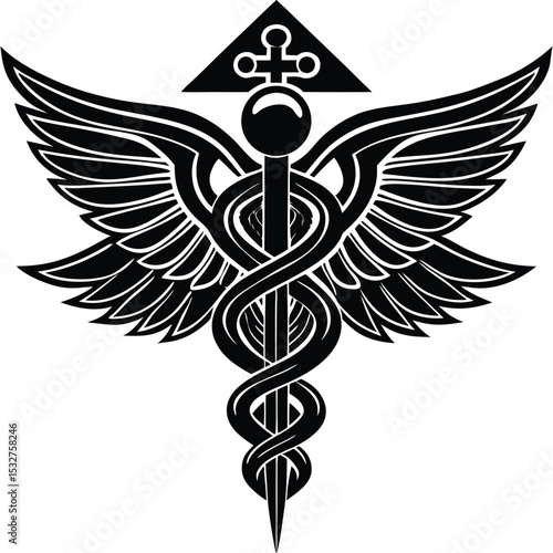 Winged Caduceus Medical Symbol, Healthcare Icon, Healing Illustration