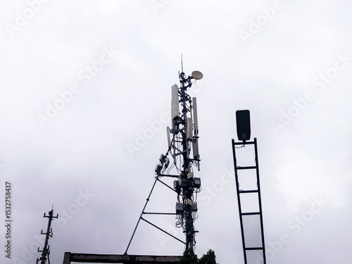 Technology on the top of the telecommunication GSM (5G,4G) tower with copy space.Cellular phone antennas. Telecommunication mast television antennas. Development communication system