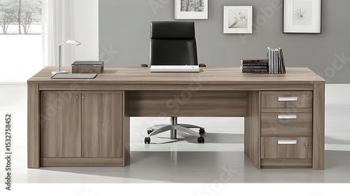 Modern executive desk with storage cabinet and drawers in a professional office setting