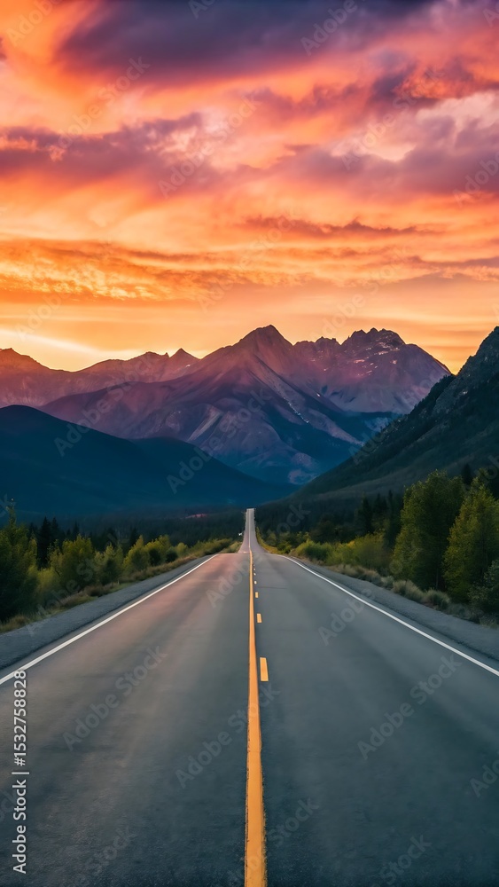 Fototapeta premium Scenic Highway Leading to Mountains Under Vibrant Sunset Sky