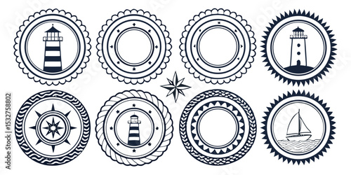 Nautical Themed Vector Badges and Seals Featuring Lighthouses a Sailboat a Compass Rose and Decorative Circular Frames in a Black and White Color Scheme