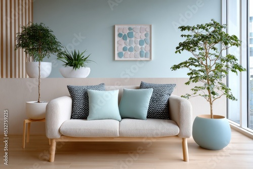 Modern Living Room Interior With Couch, Plants, and Wall Art, Showcasing Home Decor and Sustainable Design, Ideal for Real Estate Marketing and Interior Design Inspiration : Generative AI