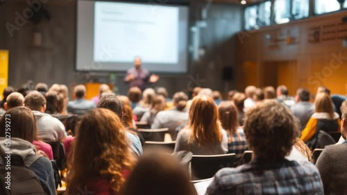 Wallpaper Mural Engaging Audience: Capturing the essence of a corporate conference, a presenter conveys ideas to an attentive audience in a modern venue, sparking innovation and conversation.  Torontodigital.ca