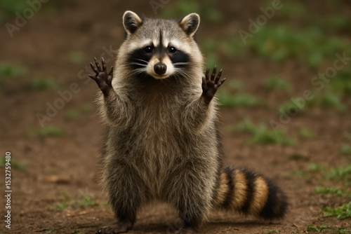 Raccoon Standing with Paws Up in the Air