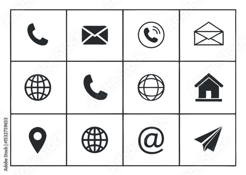 Contact Information Icons in a Grid Layout Phone Email Globe Location and Home Symbols for Websites Business Cards and Communication Design Projects grid twelve