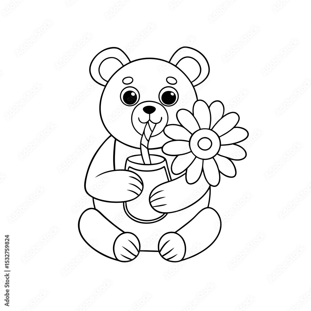 Fototapeta premium Bear Sipping a Daisy Drink Outline