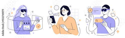 Augmented and virtual reality set. Characters wearing ar and vr headset integrating with cyberspace interface. People and technology concept. Vector illustration. 